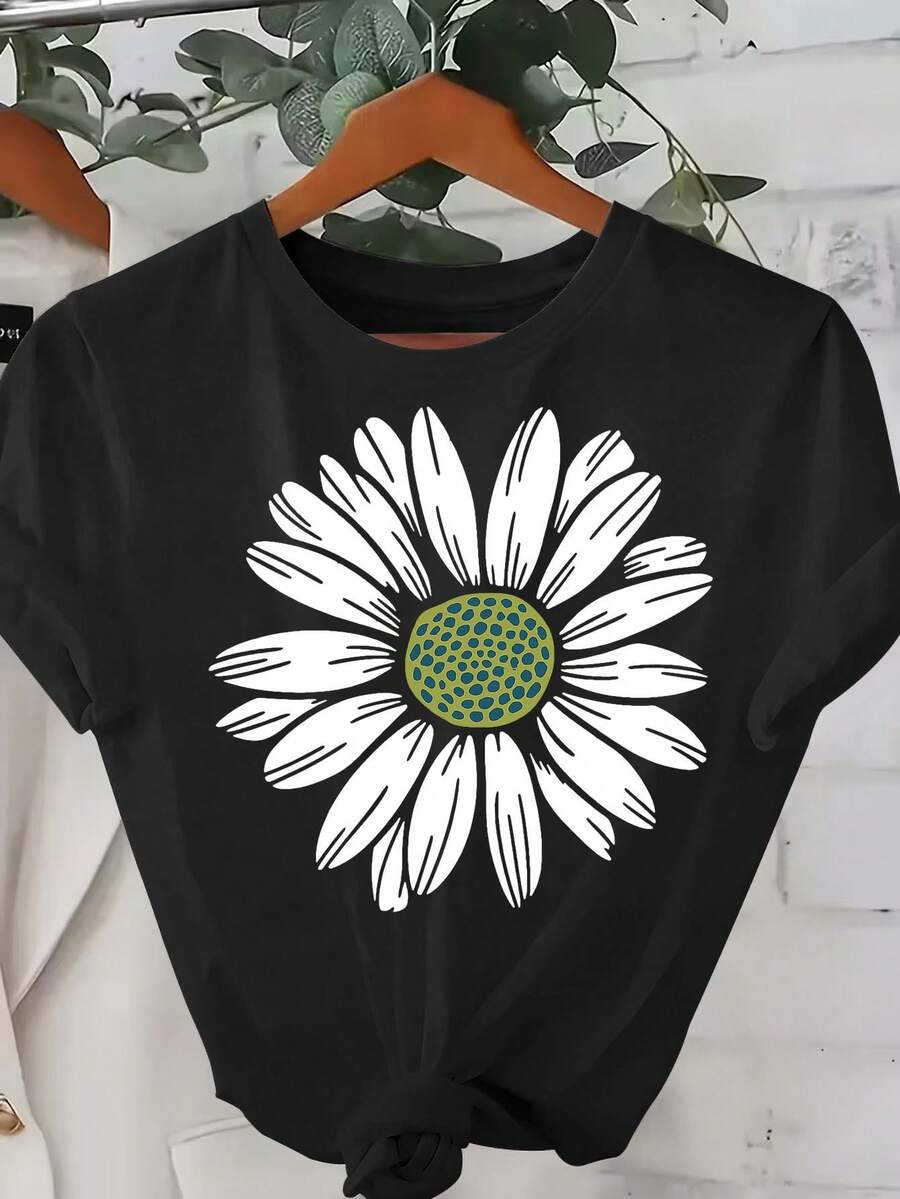Camiseta extragrande de talla grande para mujer con cuello redondo (1XL-5XL) - Blusa de manga corta con estampado floral de margaritas blancas y verde/amarillo brillante, uste tipo blusa, aptara figuras con curvas, atuendo casual lavable a máquina, prenda superior esencial para el ar