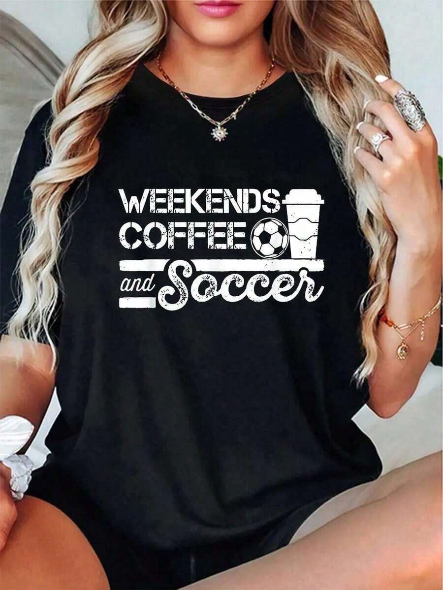 100% Cotton T-Shirt With Fun Football And Coffee Print For Women And Men, Urban Vintage Style, Unisex, Loose Fit, Short Sleeve And Round Neck, 100% Pure Cotton - 黑色 - 查看 1