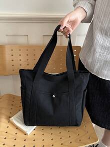 Bolsa de Lona de Gran Capacidad Estilo Universitario, Bolsa Casual, Bolsa de Compras, Bolsa de Hombro Multiusos, Versión Mejorada de Bolsa de Lona - Negro 2 - Ver 4