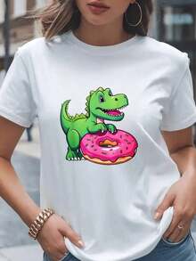 Camiseta de Mujer con Dinosaurio y Donut Divertido Estampado de Dino Comiendo Dona Rosa para Mujeres Moda Casual Verano 2024 Camiseta Blanca con Diseño Kawaii para Adolescentes y Adultas Y2k Camiseta Camisa De - Blanco - Ver 1
