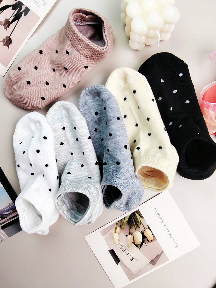1/5 Pairs Women Polka Dot Casual Boat Socks, Black/White Invisible Short Ankle Socks, Polka Dot Invisible Socks, Random Color (No Cardboard) - Multicolor - View 1