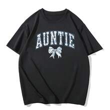 Camiseta de manga corta para mujer, estilo vintage lavado, retro, streetwear, cuello redondo, estampado floral con lazo AUNTIE, corte holgado estilo universitario, con top cargo a juego. - Camiseta de algodón lavado - Negra - Ver 2
