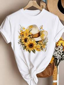 Women's Short-Sleeved Cotton T-Shirt With Sunflower And Flower Graphic Print, Ideal For Holidays, Casual Style, Round Neck, Women's Clothing. - 白色 - 查看 5