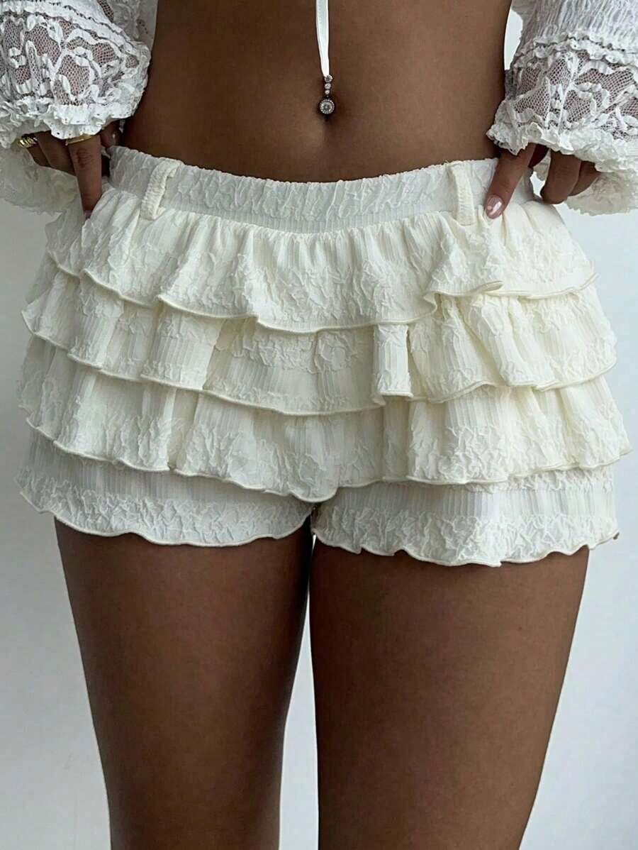 Falda-pantalón de mujer de nueva temporada, de unicolor, elegante y dulce, con estilo de bailarina, cintura extra baja y volantes multicapa, para otoño/invierno, conciertos - Albaricoque - Ver 1