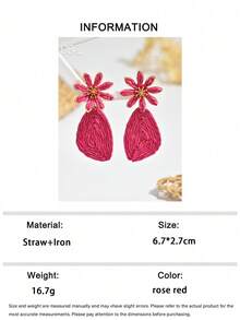 OOQ 一对波西米亚风不对称几何花卉耳环，手工藤编耳环，时尚独特设计，适合任何节日、海滩、度假场合佩戴（手工藤编，形状和方向随机） - 玫紅色 - 查看 4
