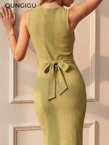 QUNGIGU Vestido midi sin mangas para mujer, diseño elegante de cuello redondo acanalado con abertura lateral, detalle de cruce en la cintura, adecuado para invitados de boda, fiestas de noche, eventos de cóctel - Verde Lima - Ver 2