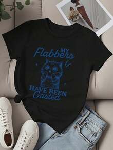 Camiseta de Cuello Redondo para Mujer con Estampado de Gato "My Flabbers Have Been Gasted", Manga Corta, Casual, para Uso Diario y Salidas Divertidas - Negro - Ver 2