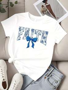Camiseta de Cuello Redondo para Mujer con Estampado Floral 'Faith' y Lazo Azul, Manga Corta, Ropa Casual para Salidas Diarias y Eventos Religiosos - Blanco - Ver 2