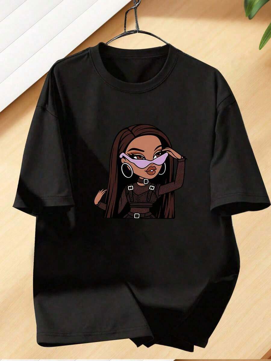 Women's Short-Sleeved T-Shirt With A Doll Design, Round Neck, And Stretchy Fabric, Perfect For Summer Fashion. This T-Shirt Features Adorable Cartoon Graphics. Comfortable, Versatile Short-Sleeved Top. - Black - View 1