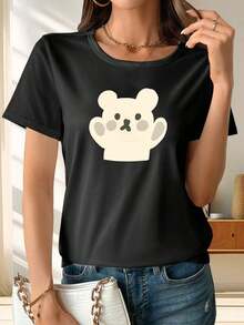 1 Piece Women's Short Sleeve T-Shirt With "Lying Looking At Your Little Bear" Print, Made Of Soft And Breathable Polyester Fiber, With Medium Elasticity, Machine Washable, Women's Clothing, Versatile Top For Daily Wear, Perfect For Summer Fashion, Casual Women's Short Sleeve Round Neck Printed T-Shirt, 100% Cotton. Comfortable, Versatile Short-Sleeved Top. - 黑色 - 查看 8