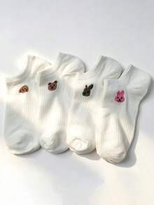 1/4/8 Pairs Summer White Minimalist Cartoon Bear/Rabbit/Tulip/Banana Pattern, Cute Animal & Floral Short Socks, Soft Low-Cut Socks, Casual, Daily Versatile Socks - Multicolor - View 8