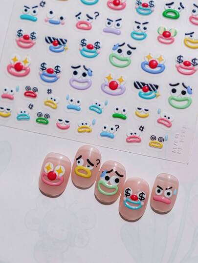 1 pieza Pegatinas de uñas de gelatina, calcomanías de uñas con caras de dibujos animados lindos, accesorios de arte de uñas con expresiones divertidas