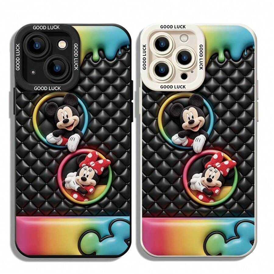 Disney Mickey & Minnie Mouse Phone Case, Rainbow Drip Protective Cover. Compatible With IPhone 17, 16, 15, 14, 13, 12, 11 Pro Series And Galaxy S22, S23, S24, S25 Models, Featuring Mickey And Minnie In Plush Frames Against A Black Quilted Background With Rainbow Drips, Perfect For Colorful Disney Fans, Ideal For Birthdays, Holidays, Anniversaries, Graduation Gifts, Or Any Special Occasion To Surprise Family, Friends, Classmates, And Loved Ones. - 黑色 - 查看 1