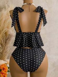 Mod Conjunto de traje de baño de 2 piezas para mujer con top corta de tirantes finos con estampado de cuadros y nudo delantero, y Bottom tipo bikini con cordón en la cintura, para verano - Negro 2 - Ver 5