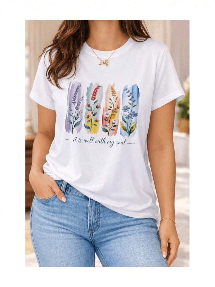 Soft 100% Cotton Short-Sleeved T-Shirt For Women With Watercolor Floral Print And English Phrase, Casual Spiritual Botanical Artistic Design, Breathable Cotton T-Shirt, Goes With Everything, Great. - 白色 - 查看 1