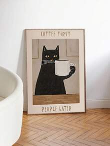 1pc Modern Minimalist Coffee Cat Poster With Motivational Quote "Coffee First, People Second" - Suitable For Coffee Shop, Kitchen, Frameless Home Office Decor - Multicolor - View 5