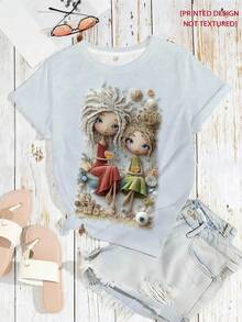 GiftGraphic T-Shirts: Elegant Sisters Enjoying Tea Time, With A Cozy Scene Print Design, Elegant Women's T-Shirt, Refined Crew Neck T-Shirt For Women And A Casual Sports T-Shirt For Ladies. 100% Cotton, Soft. - 紅綠 - 查看 5