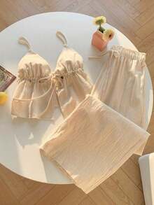 2 piezas Conjunto casual de vacaciones con rayas tejidas amarillas para mujer, /verano - Albaricoque - Ver 3