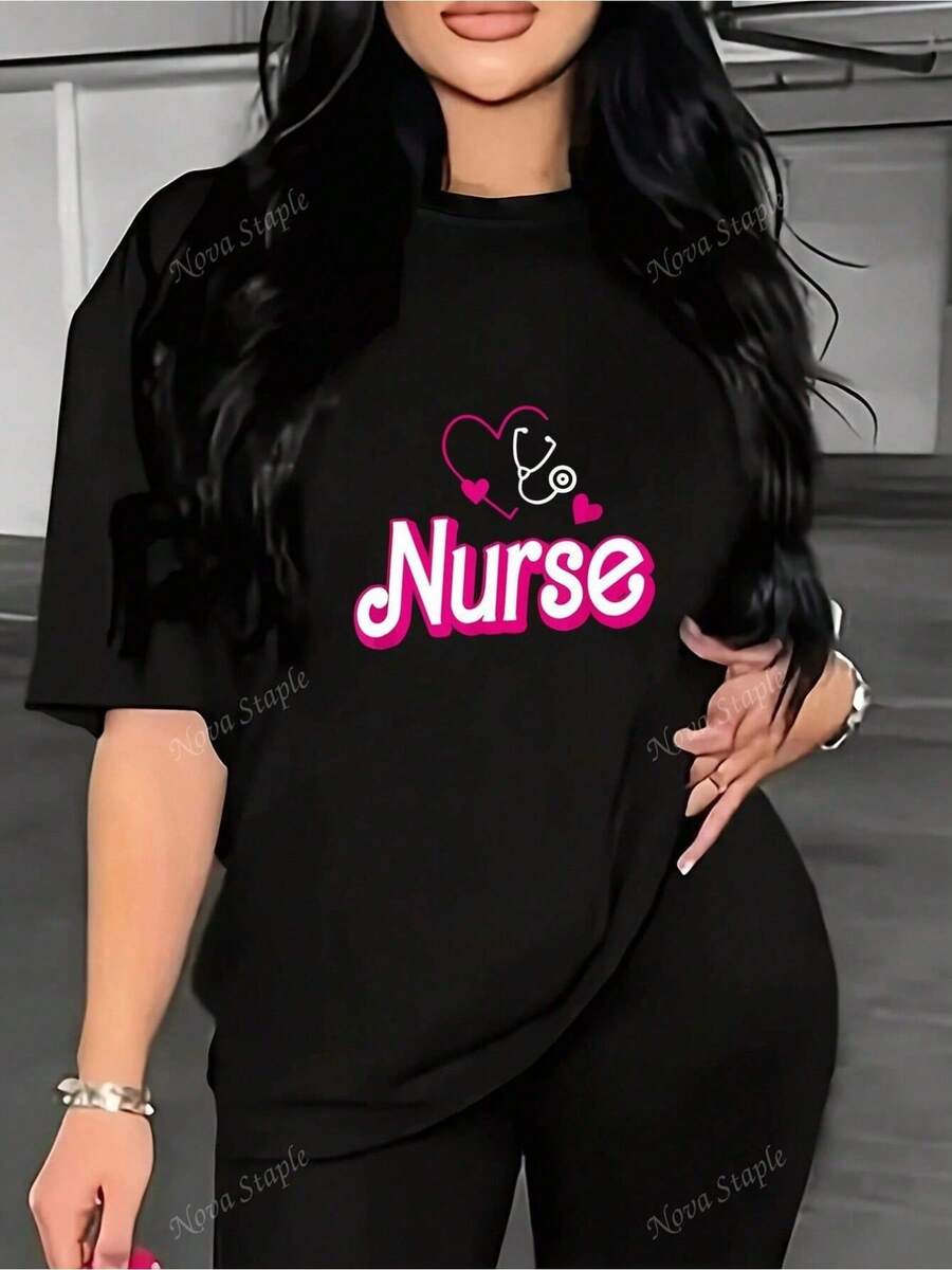 Heart Print With Stethoscope And Nurse Text + Black - Simple Casual Graphic Tee, 100% Pure Cotton - Soft And Comfortable Crew Neck, Short Sleeves, All-Season Urban Fashion Top, Casual Wear | Y2k Crew Neck T-Shirt - 黑色 - 查看 1
