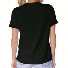Camiseta de manga corta con diseño de rayo y purpurina rosa, moderna y elegante, de algodón puro para mujer. Top de estilo moderno con purpurina rosa y estampado de rayos desgastados de doble capa, camisa básica casual de corte holgado y oversize. Adecuado para salidas diarias, conjuntos personalizados, looks de estilo urbano y diversas ocasiones. Ropa de Mujer de Estilo Europeo y Americano, Dulce y Moderna, para Ocasiones Informales - Negro - Ver 2