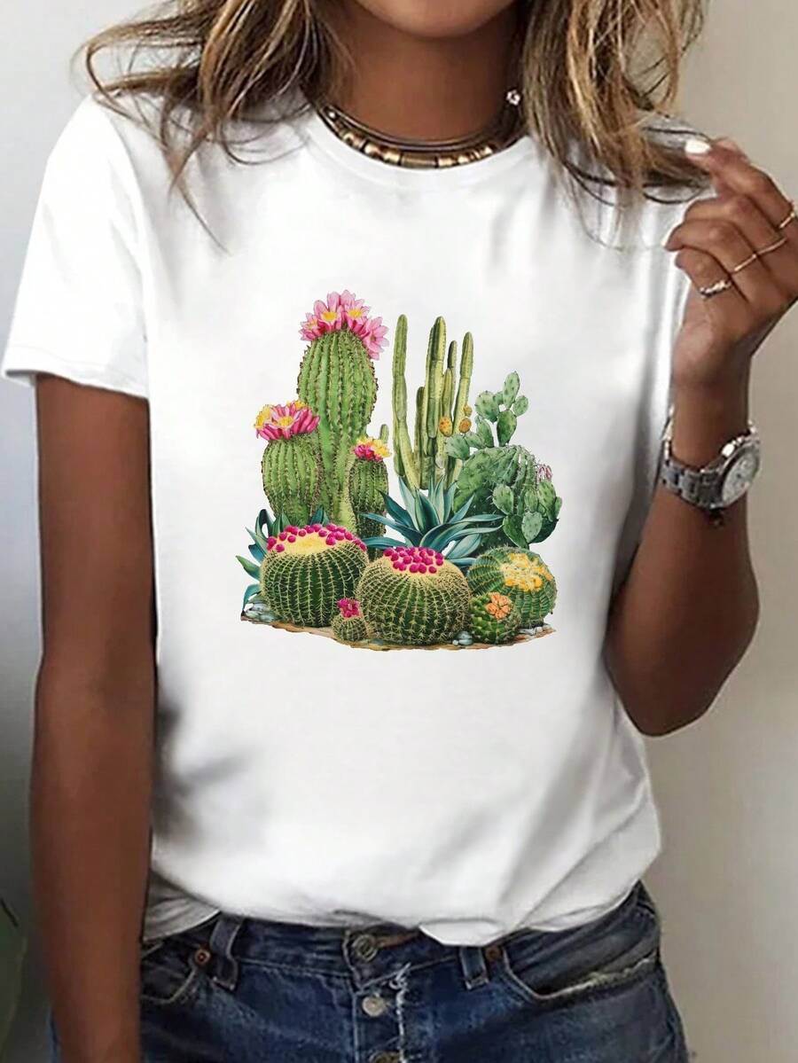 Women's Unisex T-Shirt With A Vibrant Cactus And Succulent Print. | Short-Sleeved, Crew Neck, Casual Style, Medium Stretch, Machine Washable, Suitable For All Seasons, Comfortable And Casual For Summer And Spring. - 白色 - 查看 1