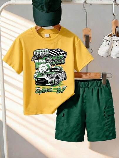 1 Set Tween Boys Short Sleeve T-Shirt And Cargo Shorts Set, Featuring Racing Car Themed Prints, Suitable For Spring/Summer School And Casual Wear