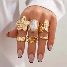 6pcs/Set Vintage Metal Flower Ring Set For Women, Punk Elegant Baroque Faux Pearl Finger Rings, Suitable For Daily Wear, Party, Holiday Gift - Multicolor - View 1