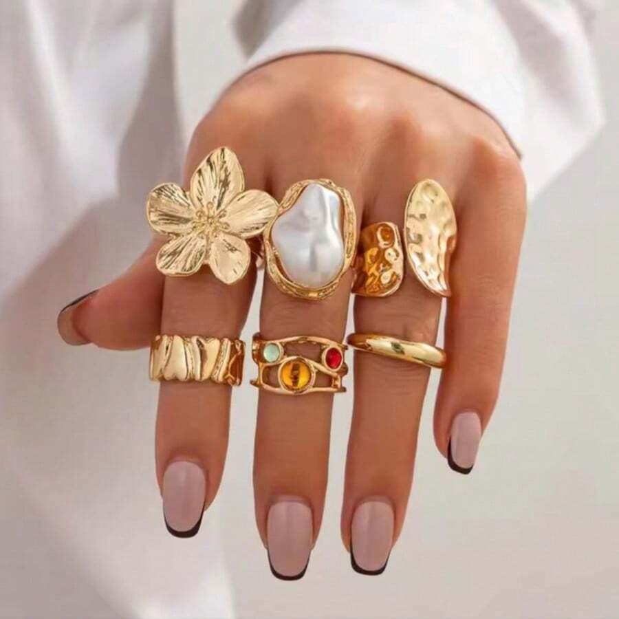 6pcs/Set Vintage Metal Flower Ring Set For Women, Punk Elegant Baroque Faux Pearl Finger Rings, Suitable For Daily Wear, Party, Holiday Gift - Multicolor - View 1