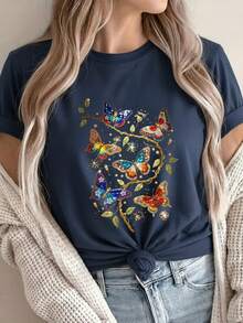 Camiseta Deportiva Casual de Alta Calidad para Mujer al por Mayor, Camiseta para Mujer, Deportes y Fitness, Salidas Casuales, Fiesta Universitaria, Diseño Mariposa y Enredadera, Nueva Llegada 2026 - 100% Algodón Transpirable - Verde - Ver 9