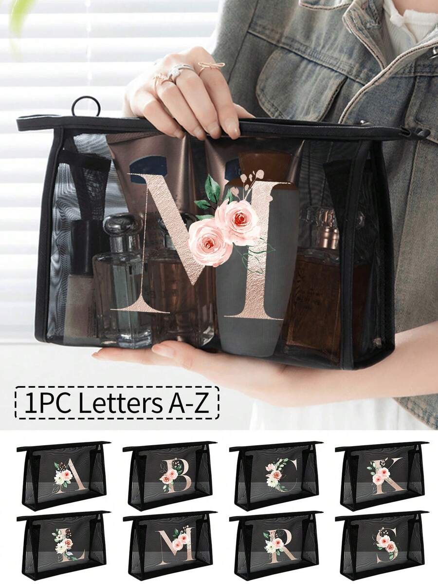 1个黑色网眼袋，印有创意花卉和A-Z字母图案，透明网眼化妆品收纳袋，大容量多功能旅行便携包，适用于收纳化妆品、文具，拉链网袋，旅行化妆品包装收纳袋，简约时尚，适合居家、旅行、商务、游泳、家居收纳，是办公室、学校、工作、户外、旅行等场景的理想之选。