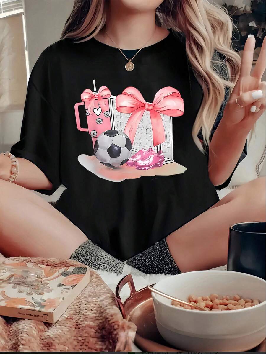 1 Piece Of Women's Casual Round Neck T-Shirt With Geometric Football And Bow Print, Fashionable Polyester Knit Fabric, Medium Elasticity, Comfortable Fit For All Seasons, Y2k Style Summer Sports Top. - 黑色 - 查看 1