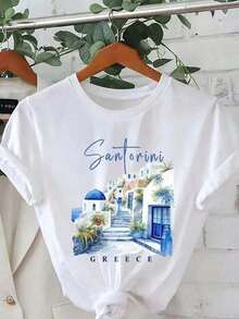 Camisetas Gráficas de Santorini, Grecia, para Mujer - Con Diseño de Cúpula y Verde - 100% Algodón - Ropa Casual de Manga Corta - Tops de Moda para Mujer - Adecuado para primavera, verano y otoño. - Blanco - Ver 7