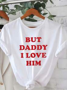 1 camiseta casual para mujer con estampado de letras rojas "BUT DADDY I LOVE HIM" - Camiseta blanca de manga corta y cuello redondo, lavable a máquina, regalo de cumpleaños y vacaciones para mujeres, uso casual diario, camiseta gráfica, ajuste cómodo, camiseta Y2k. - Negro - Ver 1