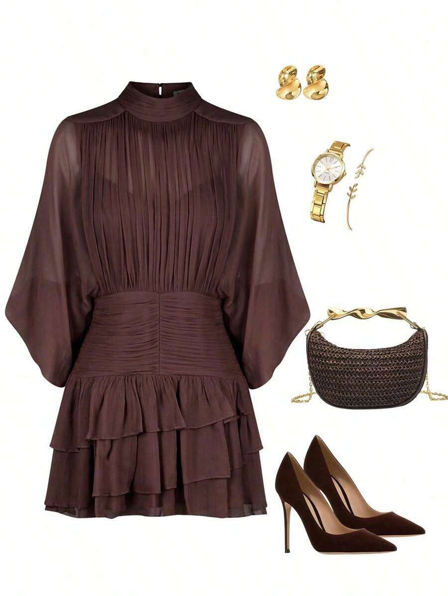 Vestido romántico con mangas de murciélago y dobladillo con volantes, adecuado para citas - Marrón Chocolate - Ver 1