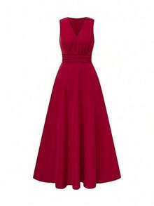 Nuevo vestido largo de estilo vintage francés elegante para primavera/verano con diseño de resort, cuello en V, sin mangas, cintura ceñida y línea A. Uso casual diario, playa, adecuado para mujeres - Burdeos - Ver 6
