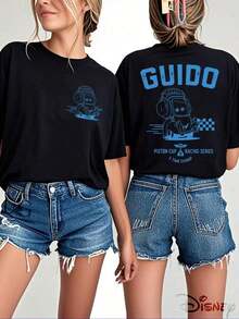 Autorización genuina de , camiseta de algodón 100% para mujer con estampado de dibujos animados interesante, tela ligera y transpirable, cuello redondo regular, camiseta casual de verano para la calle, camiseta de , patrón y texto combinados de forma armoniosa, llena de diversión y recuerdos. - Negro - Ver 1