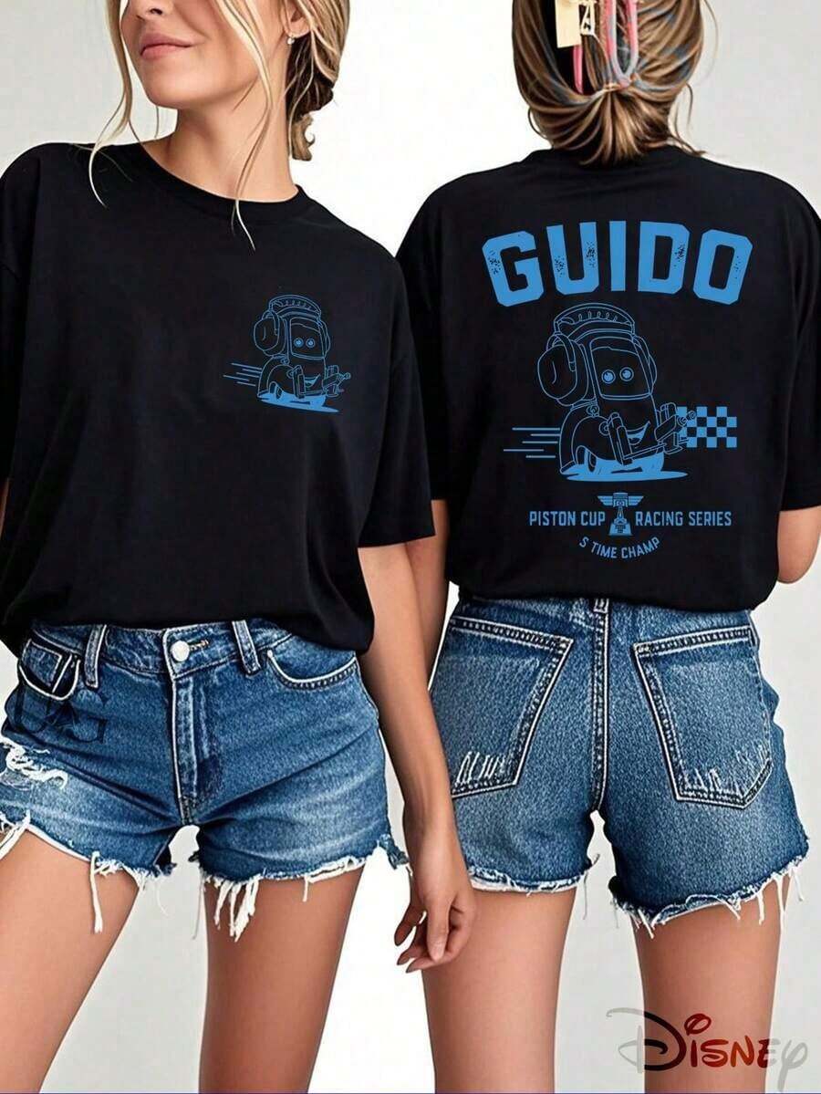 Autorización genuina de , camiseta de algodón 100% para mujer con estampado de dibujos animados interesante, tela ligera y transpirable, cuello redondo regular, camiseta casual de verano para la calle, camiseta de , patrón y texto combinados de forma armoniosa, llena de diversión y recuerdos. - Negro - Ver 1
