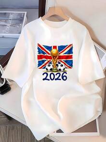 British Flag With Golden Trophy And Footballs Symbolizing The Passion And Competitive Spirit Of Football In 2026. Women's T-Shirt, 100% Cotton, Comfortable For Sports Fans And Lovers Of The Game's Energy. - 白色 - 查看 3