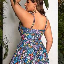 Swim Lushore Plus Size Women Summer Floral Print Bow Decor U-Neck Tankini Swimwear With Beach Dress - Verde militar - Ver 3