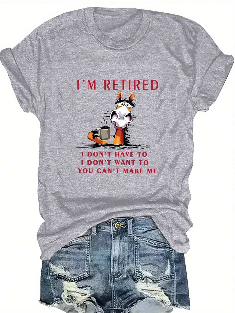 Talla Grande, Camiseta con Estampado de Letras, Manga Corta, Cuello Redondo, Top Casual, Ropa de Mujer - Gris Claro - Ver 1