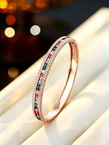1 pieza Pulsera de lujo con doble aro y cristales de Rhinestone, accesorio delicado y versátil para uso diario, adecuado para regalos y fiestas - pulsera - Ver 3