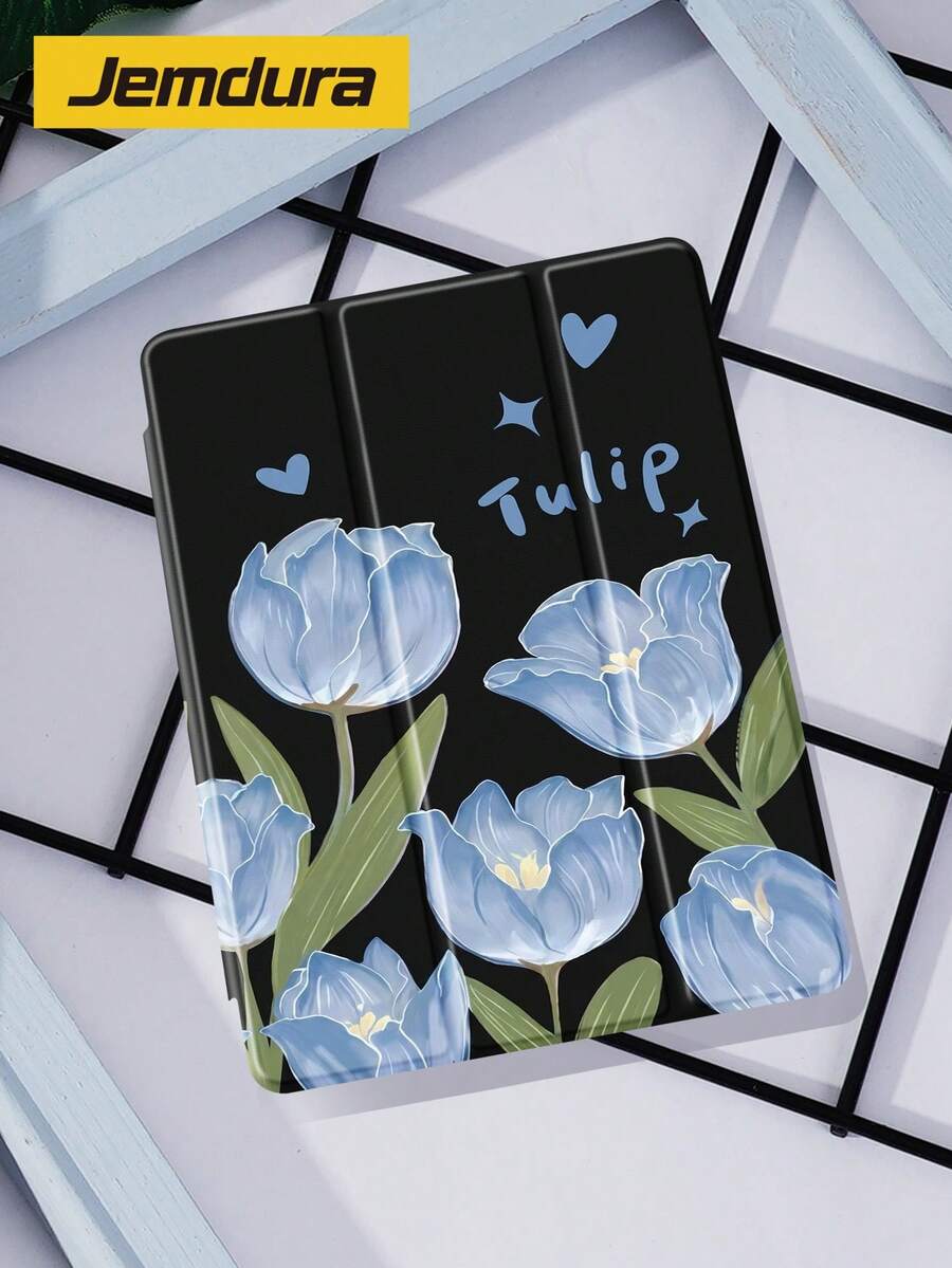 Ốp bảo vệ máy tính bảng họa tiết hoa tulip xanh dương, tương thích với Apple 10.2" 2021/2020, thế hệ thứ 9/10, Pro 11" 2025, Galaxy Tab A8 10.5" 2022, Matepad 10.4", hỗ trợ chức năng bật/tắt màn hình tự động, quà tặng ngày Valentine.