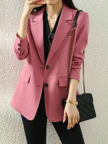 Chaqueta blazer de mujer de unicolor con cuello de solapa, adecuada para uso diario y para ir al trabajo - Rosa - Ver 2