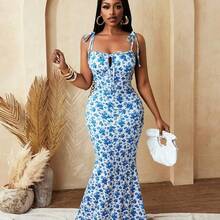 BamGlam Women Floral Print Bodycon Sexy Fashion Elegant Party Vacation Festival Summer Dress - Azul - Ver 8