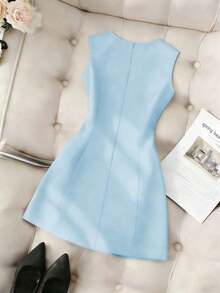 Vestido de mujer de unicolor, cuello redondo, ajustado, con lazo delantero y sin mangas - Azul - Ver 2