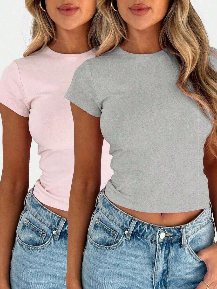 Camiseta De Verano Para Mujer unicolor De Cuello Redondo Y Manga Corta De Ajuste Delgado - Multicolor 3 - Ver 1