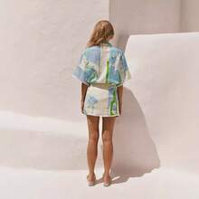 Abstract Print Shirt & Wrap Skirt Set With Scallop Trim, Casual Vacation Wear - 花色 - 查看 4
