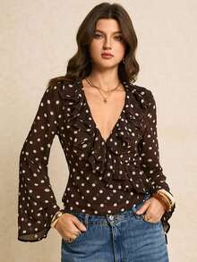 Blusa de moda sexy para mujer con dobladillo con volantes, escote en V profundo, estampado de lunares y mangas acampanadas - Marrón - Ver 4