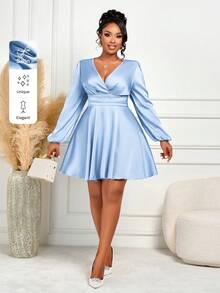 BIUBIU Gaun Pendek Model A-Line Elegan Ukuran Plus Warna Biru Muda Leher V Lengan Panjang Model Bishop dengan Detail Kerut di Bagian Dada - Biru - View 6