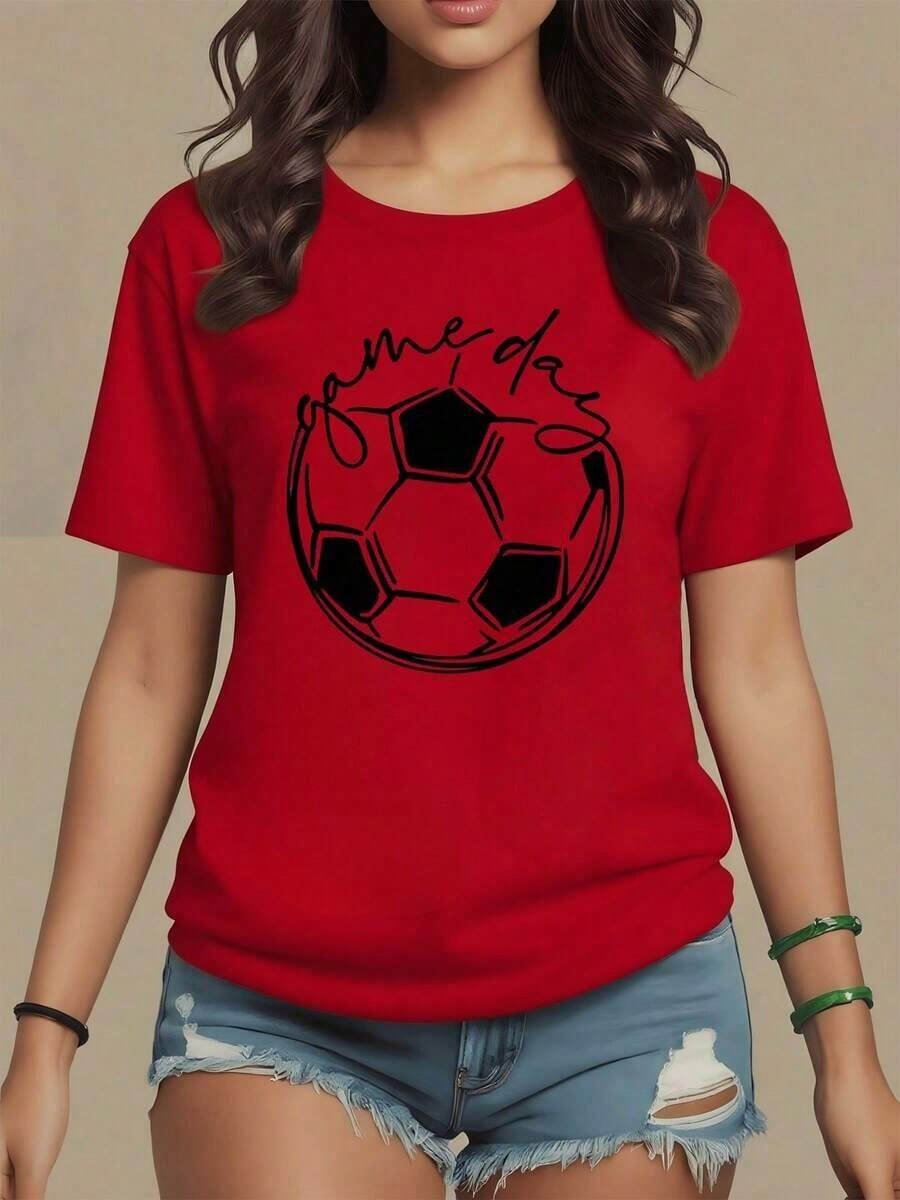 Soccer Ball Surrounded By The Phrase "Game Day" Symbolizing The Passion And Energy Of Game Days, Highlighting The Sporting Spirit And Female Motivation. Women's T-Shirt, 100% Cotton, Casual, Comfortable, Maija Women's Curvy. - 紅色 - 查看 1